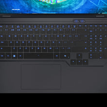 Load image into Gallery viewer, Aftershock APEX 16R top-down view of black keyboard with blue backlighting, full numpad, arrow keys, and large centered.