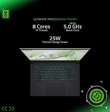 Load image into Gallery viewer, Top-down view of Gigabyte AERO X16 White laptop with screen partially open and teal backlit keyboard, black chassis.