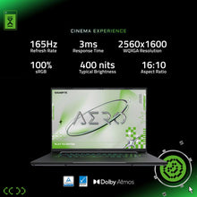 Load image into Gallery viewer, Gigabyte AERO X16 White 16" laptop front view with screen on showing AERO wallpaper and illuminated keyboard, black chassis.