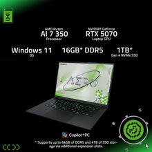 Load image into Gallery viewer, Gigabyte AERO X16 white laptop open at three-quarter angle with green-backlit keyboard and AERO wallpaper on screen, black.