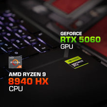 Load image into Gallery viewer, Close-up angled view of Aftershock APEX 16R keyboard with RGB backlighting and NVIDIA GeForce RTX 5060 and AMD Ryzen 9.