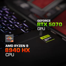 Load image into Gallery viewer, Close-up of Aftershock APEX 16R keyboard and palm rest showing RGB backlit keys, NVIDIA GeForce RTX sticker and AMD Ryzen 9.