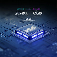 Load image into Gallery viewer, Close-up stylized blue Intel CPU graphic with text highlighting "24 Cores (8 P-cores + 16 E-cores)", "Up to 5.4 GHz Boost.