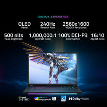 Load image into Gallery viewer, Gigabyte AORUS Master 16 BZH laptop front view with OLED 16:10 display showing mech wallpaper, RGB keyboard glow.