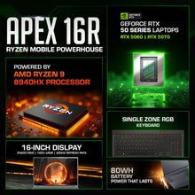 Load image into Gallery viewer, AFTERSHOCK APEX 16R promotional layout showing Ryzen 9 8940HX badge, GeForce RTX 50 Series chip art, single-zone RGB.