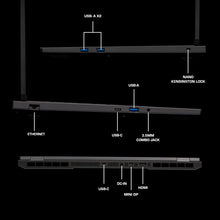 Load image into Gallery viewer, Aftershock APEX 16R side and rear views showing ports: two USB-A on left, Ethernet and nano Kensington lock, USB-C, USB-A.