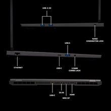 Load image into Gallery viewer, Aftershock APEX 16R side and rear views showing ports: two USB-A on left, Ethernet and nano Kensington lock, USB-C, USB-A.
