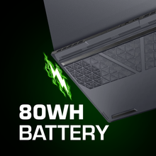 Load image into Gallery viewer, Rear and underside view of Aftershock APEX 16R laptop showing vent grills, patterned bottom panel, rear I/O and "80WH.