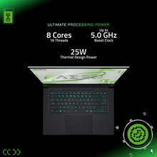 Load image into Gallery viewer, Gigabyte AERO X16 White 16" laptop top-down view showing open display and backlit keyboard (teal lighting) with marketing.