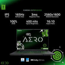 Load image into Gallery viewer, Gigabyte AERO X16 gray laptop front view with screen on, thin bezels, RGB-lit keyboard and display showing "AERO" graphics.