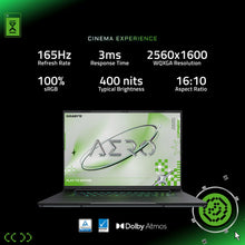 Load image into Gallery viewer, Gigabyte AERO X16 White 16" laptop front view with display on, showing AERO wallpaper and backlit keyboard; overlay text.