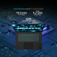 Load image into Gallery viewer, Top-down view of Gigabyte A16 PRO GA6DH 16" laptop with teal backlit keyboard and opened display showing Gigabyte.