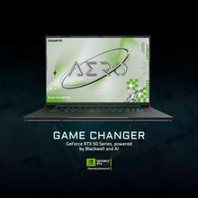 Load image into Gallery viewer, Gigabyte AERO X16 White 16" laptop front view with screen on showing AERO wallpaper and subtle green keyboard backlight.