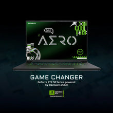 Load image into Gallery viewer, Gigabyte AERO X16 gray 16" laptop front view with screen on, slim bezels, illuminated keyboard and "AERO" wallpaper visible.