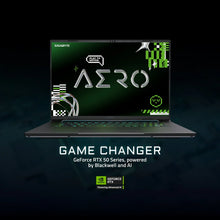 Load image into Gallery viewer, Gigabyte AERO X16 gray 16" laptop front view with screen on, slim bezels, illuminated keyboard and "AERO" wallpaper visible.