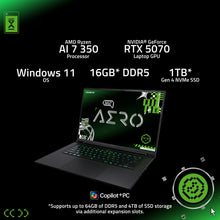 Load image into Gallery viewer, Gigabyte AERO X16 Gray 16" laptop open at a three-quarter front view with green backlit keyboard and green-themed screen.
