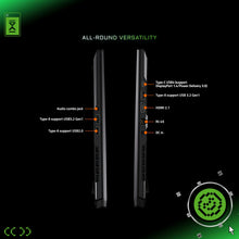 Load image into Gallery viewer, Gigabyte AERO X16 Gray side profiles showing left and right I/O: audio combo jack, two Type-A USB ports, Type-C USB4.