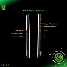 Load image into Gallery viewer, Side profiles of Gigabyte AERO X16 White 16" laptop showing left and right I/O: audio combo jack, USB-A (USB3.2 Gen1.