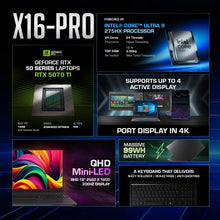 Load image into Gallery viewer, AFTERSHOCK X16-PRO / ULTRA 9 275HX laptop specs collage showing RTX 5070 Ti badge, Intel Core Ultra 9 processor callout.