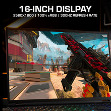 Load image into Gallery viewer, Aftershock APEX 16R 16-inch laptop front view showing high-resolution gaming display with in-game scene and part of RGB.