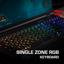 Load image into Gallery viewer, Aftershock APEX 16R close-up of backlit single-zone RGB keyboard with blue, green and orange lighting and part of the.