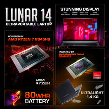 Load image into Gallery viewer, Aftershock Lunar 14 ultralight 14-inch laptop with high-resolution display, AMD Ryzen 7 8845HS and Radeon 780M graphics.