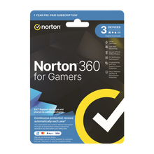 Load image into Gallery viewer, Norton 360 for Gamers 1-year subscription card front view showing branding, 3-devices badge, and large yellow checkmark.