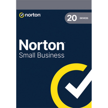Load image into Gallery viewer, Norton Small Business software box artwork in dark blue with large yellow checkmark and "20 devices" badge, 1 user / 500GB.