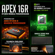 Load image into Gallery viewer, Aftershock APEX 16R promotional collage highlighting AMD Ryzen 9 8940HX, GeForce RTX 50 Series branding, 16-inch 2560x1600.
