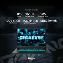 Load image into Gallery viewer, Front-facing Gigabyte A16 PRO GA6DH 16" laptop with teal backlit keyboard and screen showing "GIGABYTE" graphics, marketing.
