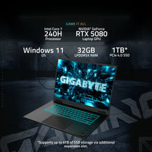 Load image into Gallery viewer, Gigabyte A16 PRO GA6DH 16" laptop front-right three-quarter view with screen on and teal backlit keyboard, "GIGABYTE".
