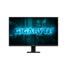 Load image into Gallery viewer, Front view of Gigabyte GS27F2 27" flat gaming monitor on stand with thin bezels and blue "GIGABYTE" wallpaper on screen.
