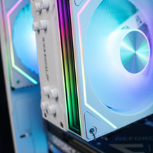 Load image into Gallery viewer, ZEAL MINI LVL 8 WHITE gaming PC showing graphics card close-up.
