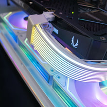 Load image into Gallery viewer, ZEAL MINI LVL 8 WHITE gaming PC showing graphics card close-up.
