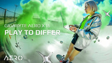 Load image into Gallery viewer, Gigabyte AERO X16 Gray 16" laptop open, held by a person standing on a skateboard in a skate bowl with green smoke in.
