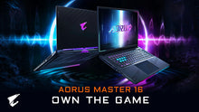 Load image into Gallery viewer, Gigabyte AORUS Master 16 laptop front and rear three-quarter views with RGB keyboard lighting and AORUS logo on lid.
