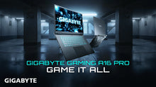 Load image into Gallery viewer, Gigabyte A16 PRO GA6DH 16" laptop shown open front-facing with teal backlit keyboard and second unit rear view, screen.
