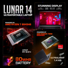 Load image into Gallery viewer, Aftershock Lunar 14 ultralight 14-inch laptop with high-resolution display, AMD Ryzen 7 8845HS and Radeon 780M graphics.
