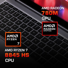 Load image into Gallery viewer, Top-down close-up of Lunar 14R dark grey keyboard and hinge area with AMD Ryzen 7 and AMD Radeon 780M badges overlaid.
